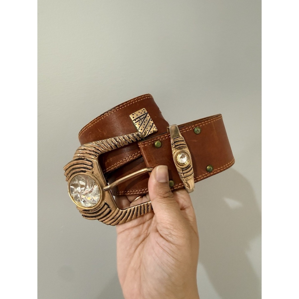 Vintage Brown Tan Leather Wide Large Buckle Gemstone Concho 38" Sz L Western Cow
